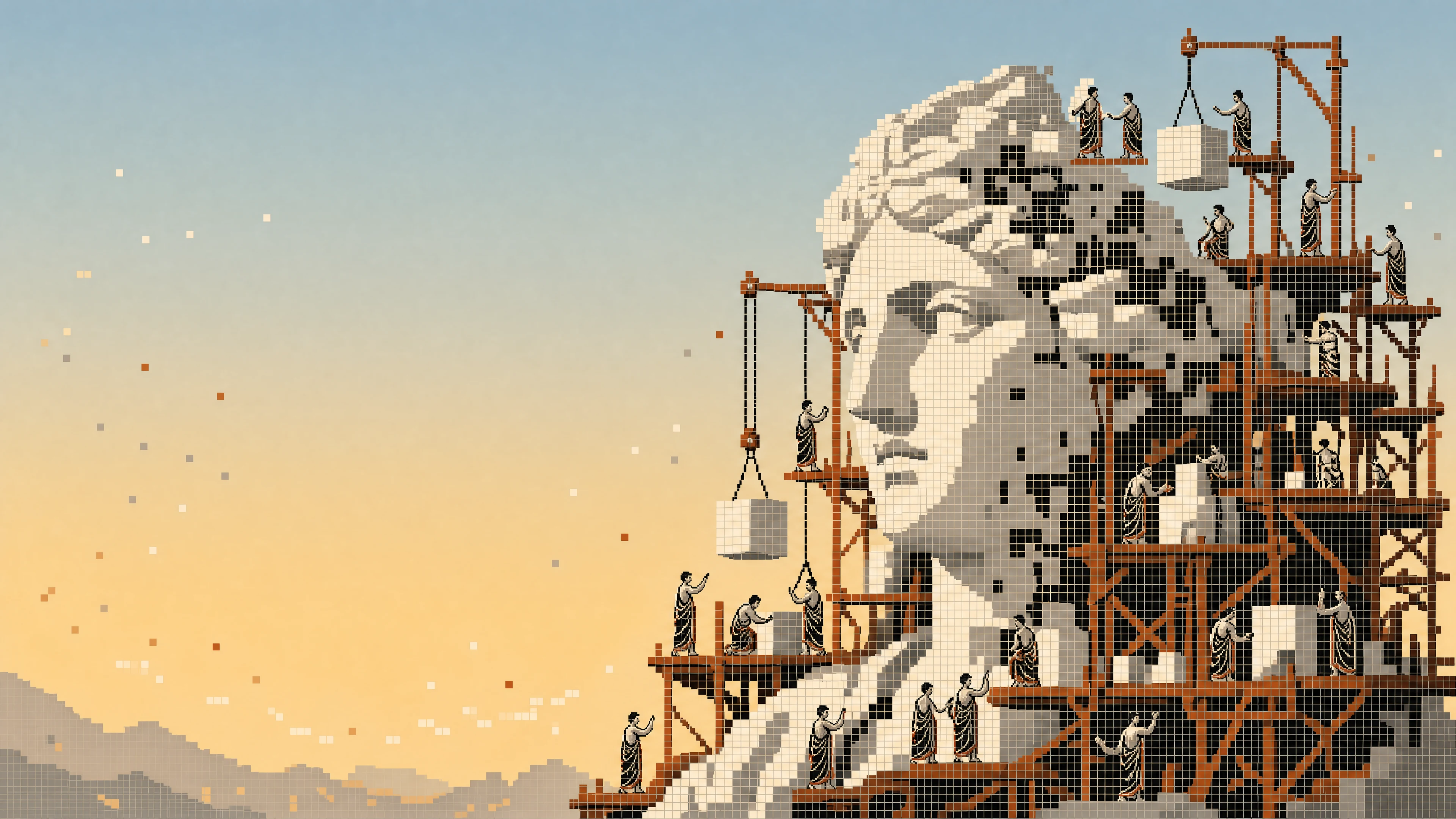 A colossal marble head under construction by robed figures placing blocks