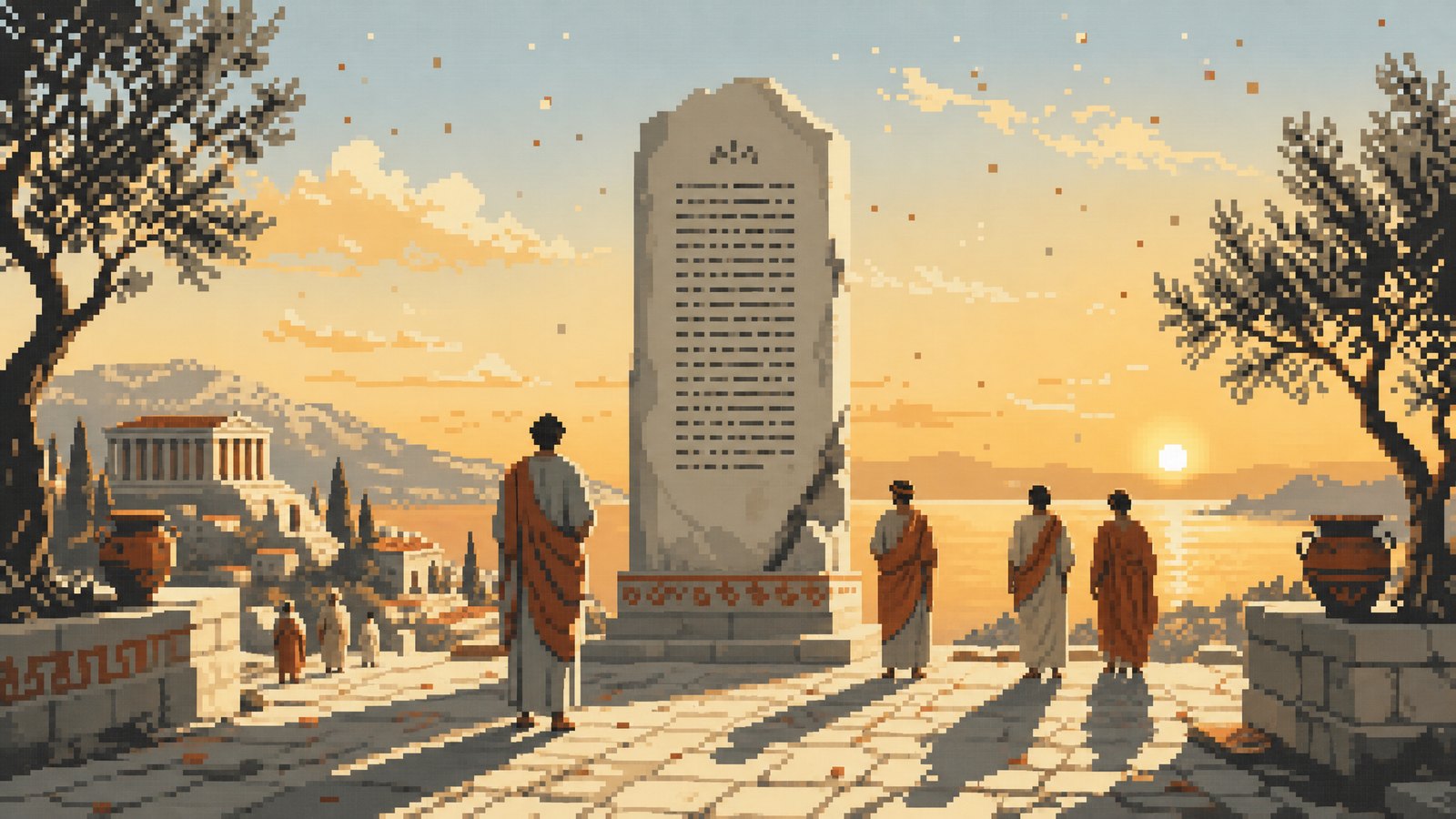 Figures gathered at an inscribed stele at golden hour